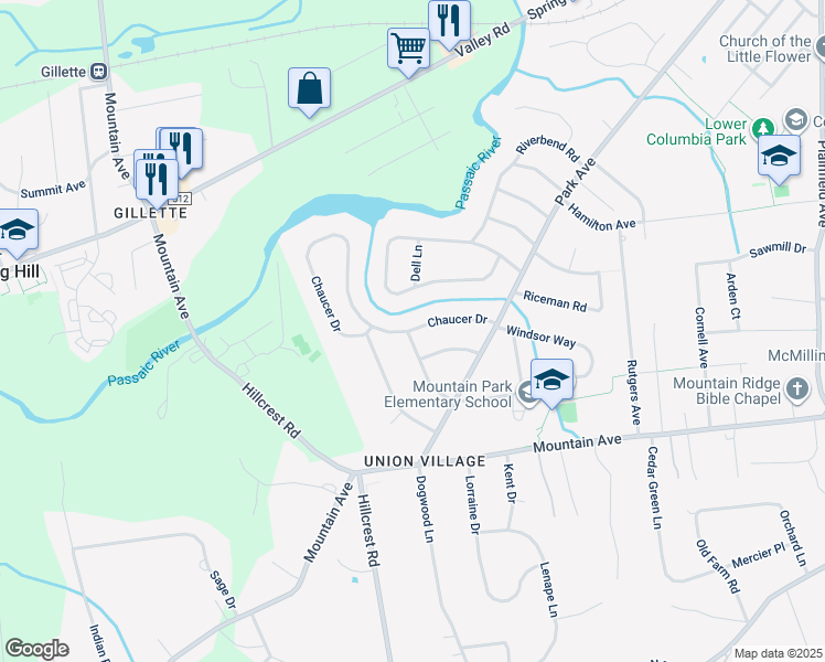 map of restaurants, bars, coffee shops, grocery stores, and more near 76 Chaucer Drive in Berkeley Heights