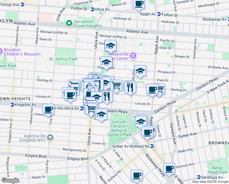 map of restaurants, bars, coffee shops, grocery stores, and more near 1507 Saint Johns Place in Brooklyn