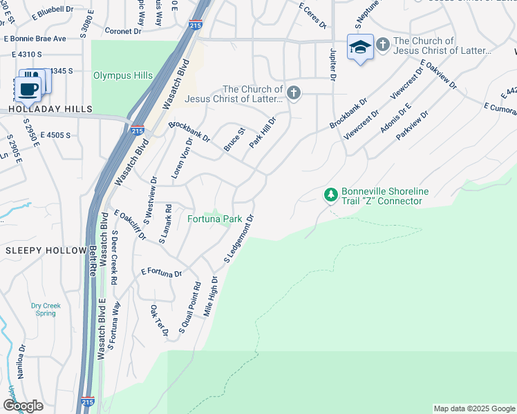 map of restaurants, bars, coffee shops, grocery stores, and more near 4605 South Ledgemont Drive in Salt Lake City