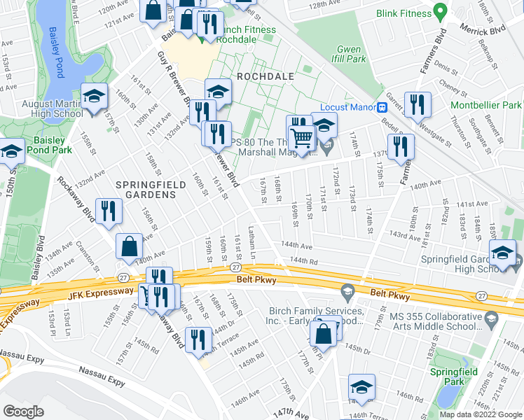 map of restaurants, bars, coffee shops, grocery stores, and more near 166-14 140th Avenue in Queens