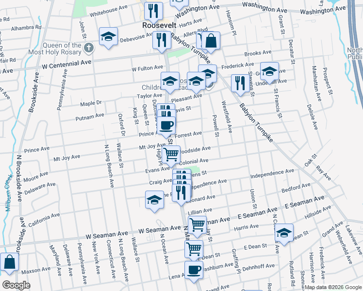 map of restaurants, bars, coffee shops, grocery stores, and more near 22 Forest Avenue in Freeport