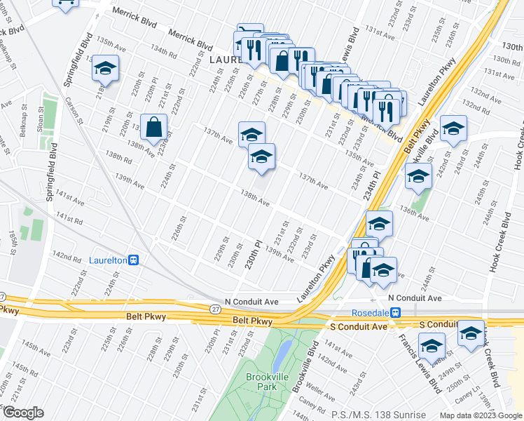 map of restaurants, bars, coffee shops, grocery stores, and more near 138-11 230th Street in Queens