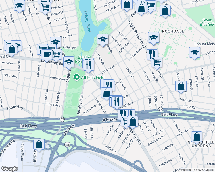 map of restaurants, bars, coffee shops, grocery stores, and more near 154-09 134th Avenue in Queens