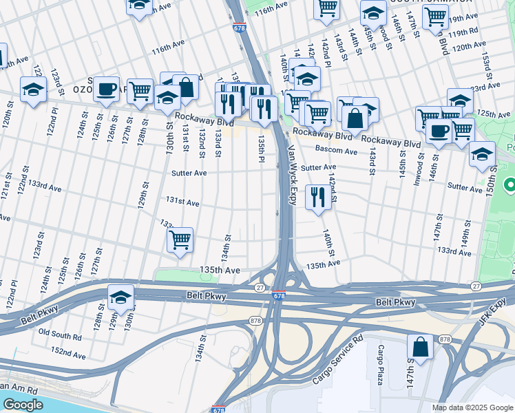 map of restaurants, bars, coffee shops, grocery stores, and more near 130-06 135th Place in Queens