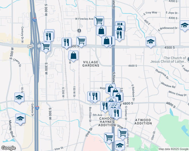map of restaurants, bars, coffee shops, grocery stores, and more near 4550 Auto Boulevard in Murray