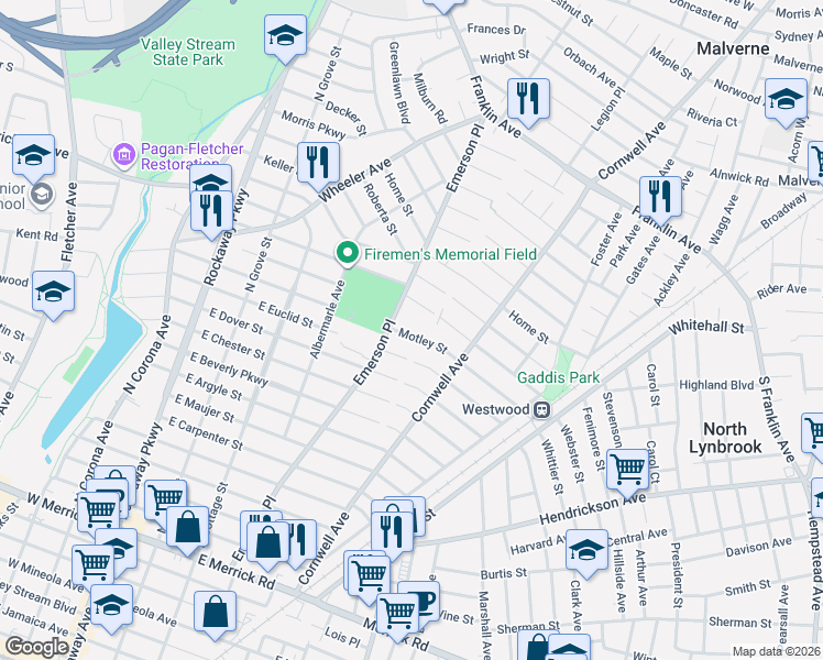 map of restaurants, bars, coffee shops, grocery stores, and more near 207 Motley Street in Valley Stream