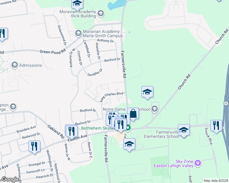 map of restaurants, bars, coffee shops, grocery stores, and more near 105 Colonial Court in Bethlehem