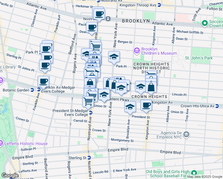 map of restaurants, bars, coffee shops, grocery stores, and more near New York Avenue & Lincoln Place in Brooklyn