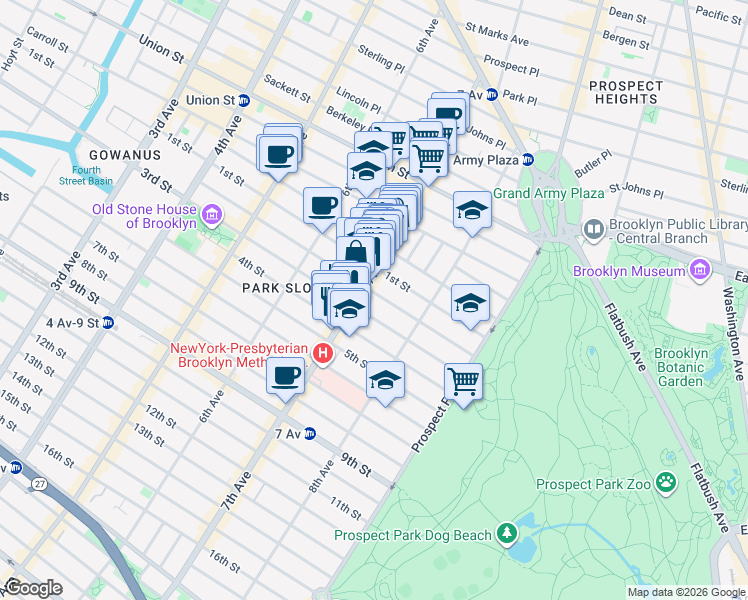 map of restaurants, bars, coffee shops, grocery stores, and more near 519 2nd Street in Brooklyn