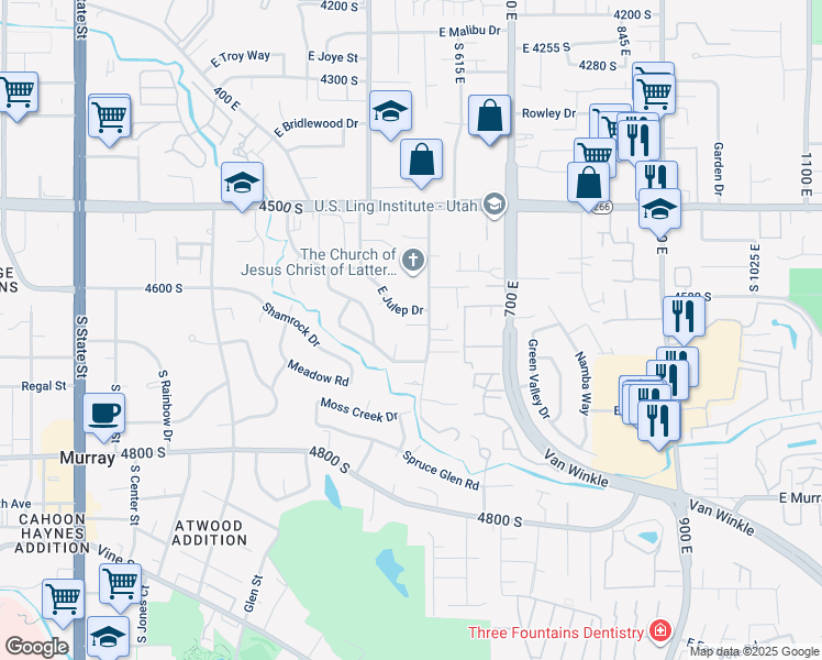 map of restaurants, bars, coffee shops, grocery stores, and more near 4612 South 600 East in Murray