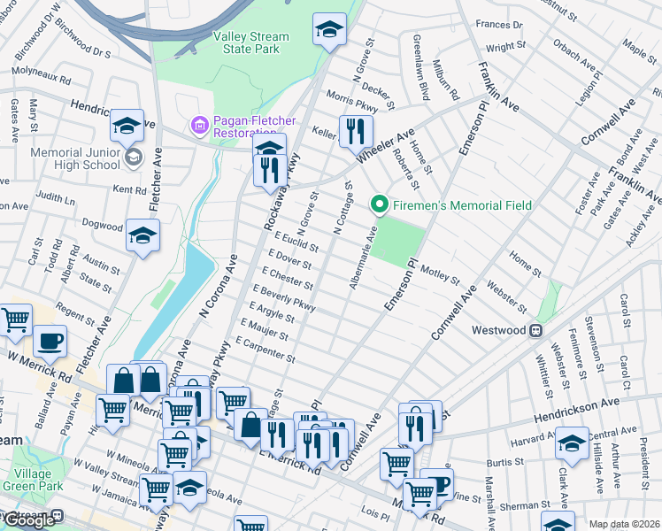 map of restaurants, bars, coffee shops, grocery stores, and more near 209 North Cottage Street in Valley Stream