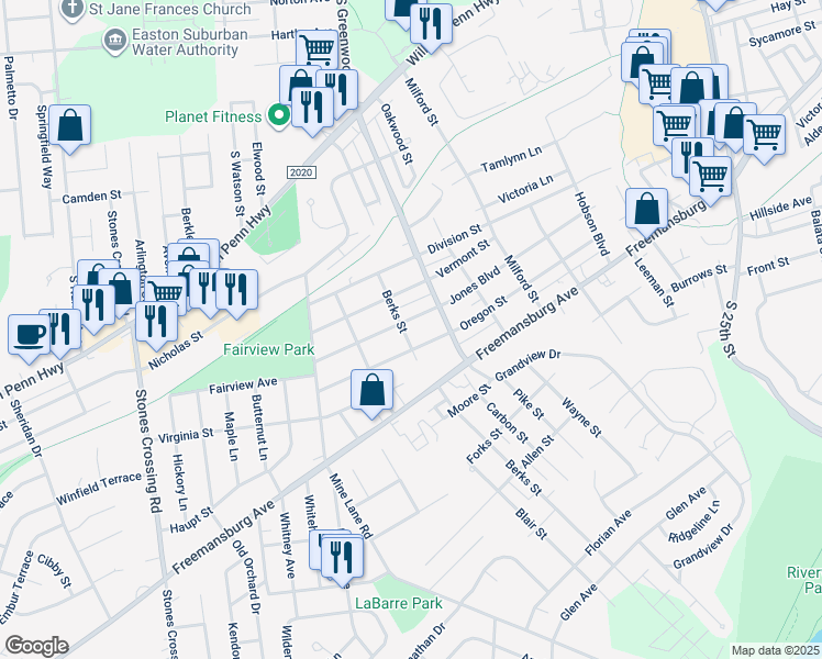 map of restaurants, bars, coffee shops, grocery stores, and more near 3240 Jones Boulevard in Easton