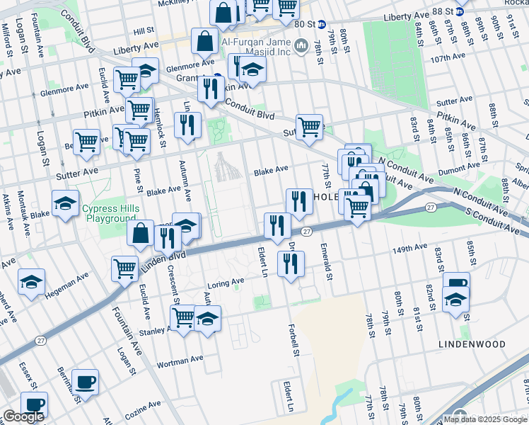map of restaurants, bars, coffee shops, grocery stores, and more near 1490 Dumont Avenue in Brooklyn
