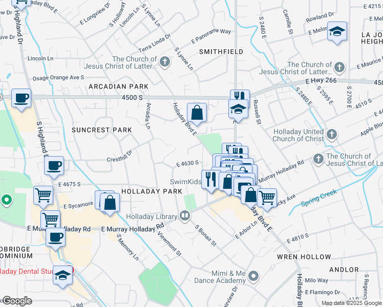 map of restaurants, bars, coffee shops, grocery stores, and more near 4608 Locust Lane East in Holladay