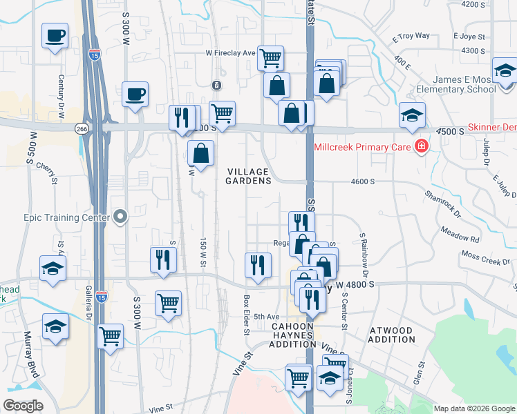 map of restaurants, bars, coffee shops, grocery stores, and more near 4550 Auto Boulevard in Murray
