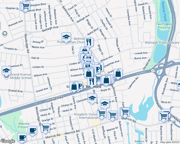 map of restaurants, bars, coffee shops, grocery stores, and more near 11 Bedford Court in Bellmore