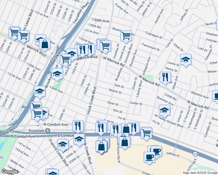 map of restaurants, bars, coffee shops, grocery stores, and more near 190 134th Avenue in Valley Stream