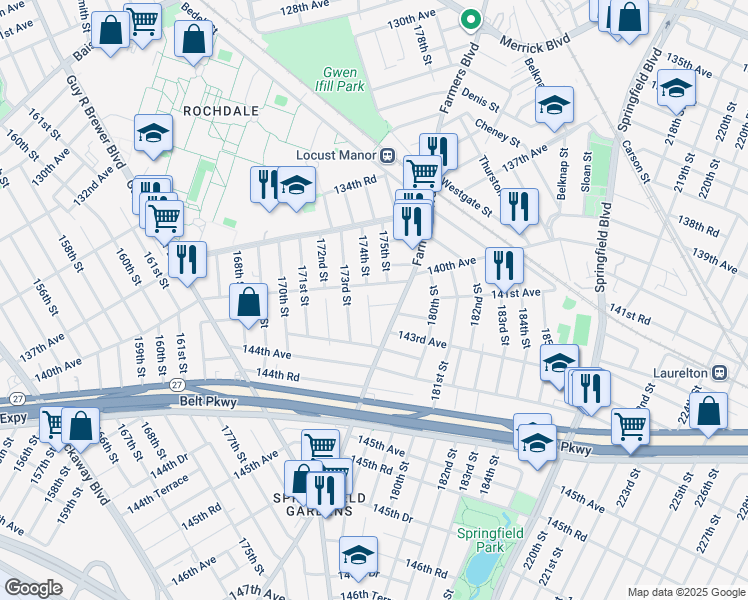 map of restaurants, bars, coffee shops, grocery stores, and more near 174-24 140th Avenue in Queens