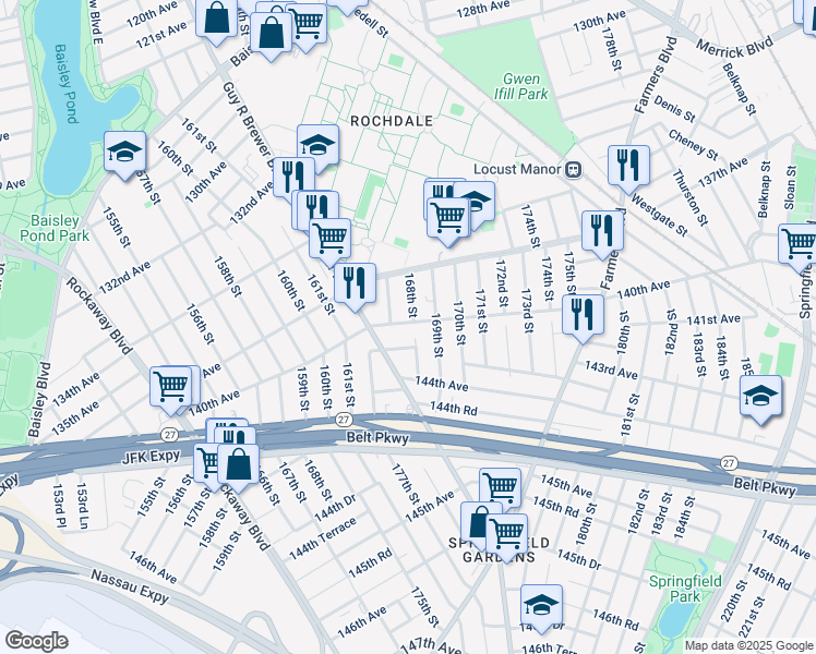 map of restaurants, bars, coffee shops, grocery stores, and more near 168-9 140th Avenue in Queens