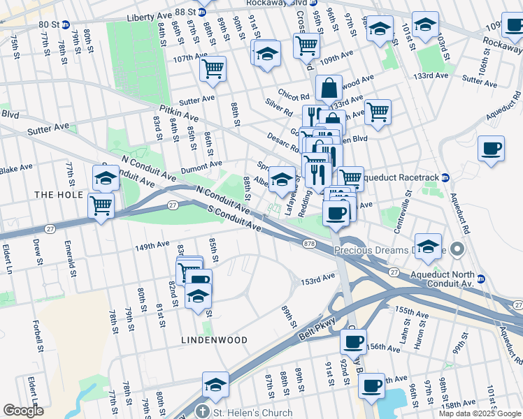 map of restaurants, bars, coffee shops, grocery stores, and more near 89-12 Arion Road in Queens