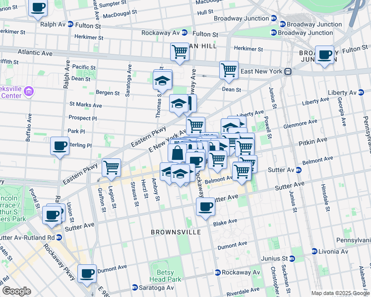 map of restaurants, bars, coffee shops, grocery stores, and more near Glenmore Avenue in Brooklyn