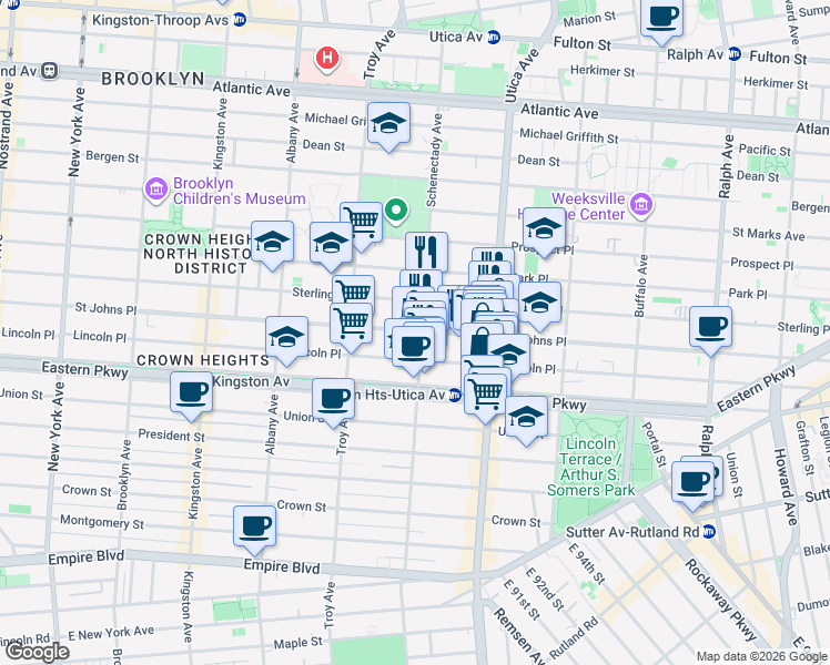 map of restaurants, bars, coffee shops, grocery stores, and more near 248 Schenectady Avenue in Brooklyn