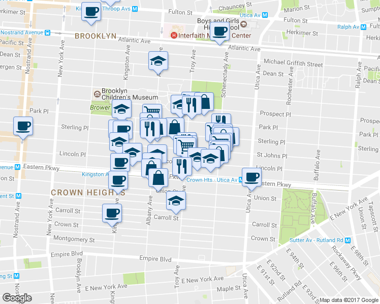 map of restaurants, bars, coffee shops, grocery stores, and more near 257 Troy Avenue in Brooklyn