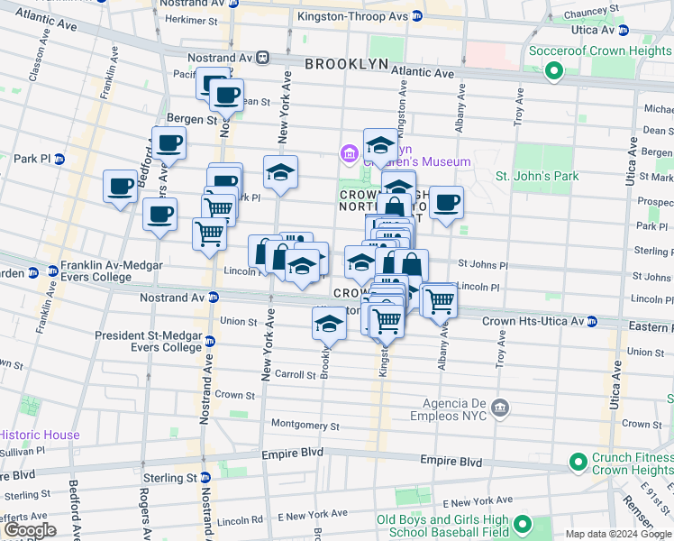 map of restaurants, bars, coffee shops, grocery stores, and more near 1034 Saint Johns Place in Brooklyn