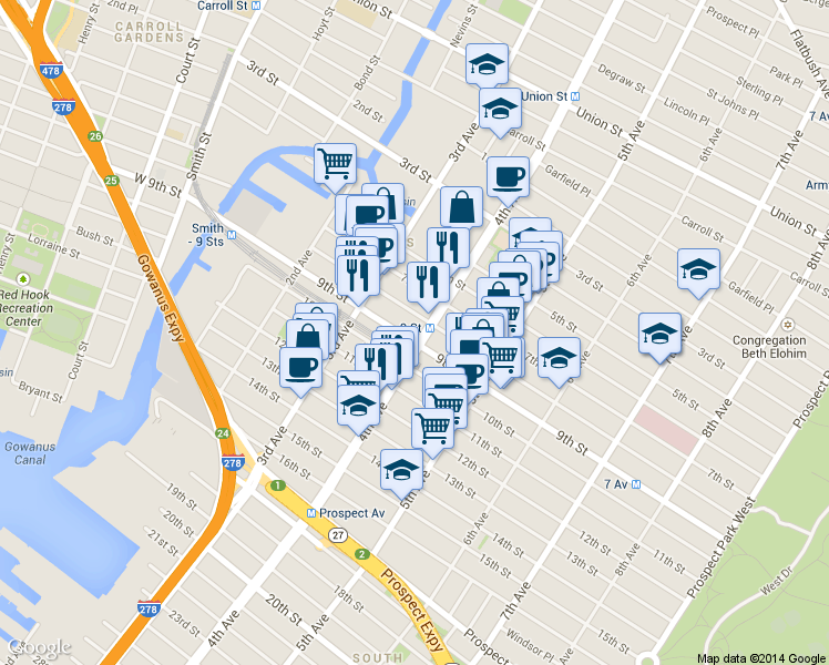 map of restaurants, bars, coffee shops, grocery stores, and more near 202 8th Street in Brooklyn