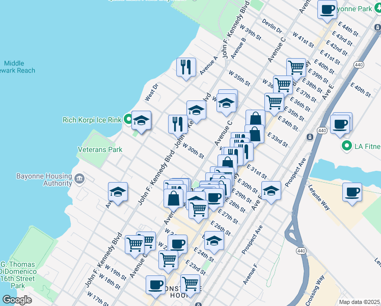 map of restaurants, bars, coffee shops, grocery stores, and more near 96 West 30th Street in Bayonne