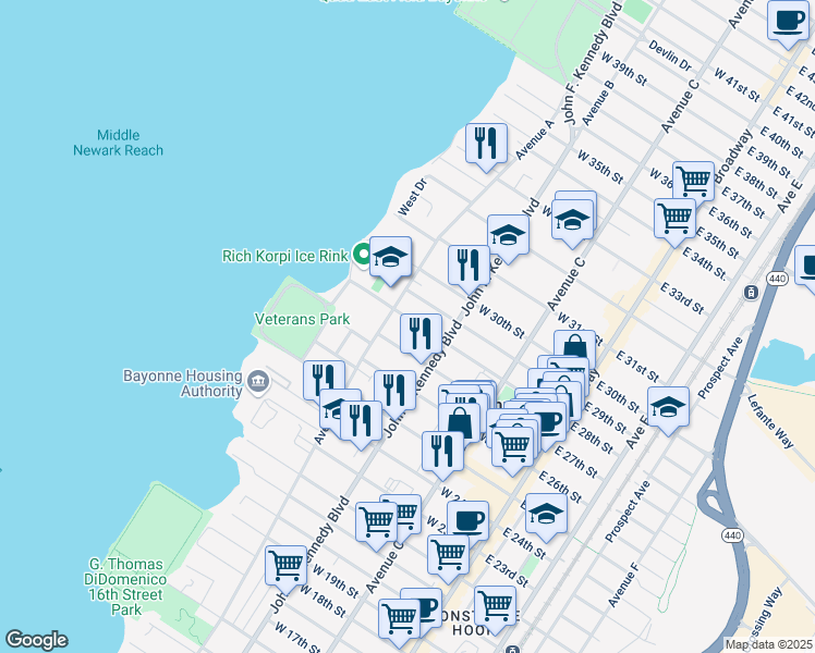 map of restaurants, bars, coffee shops, grocery stores, and more near 658 Avenue A in Bayonne