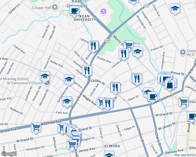 map of restaurants, bars, coffee shops, grocery stores, and more near 180 Lincoln Avenue in Elizabeth