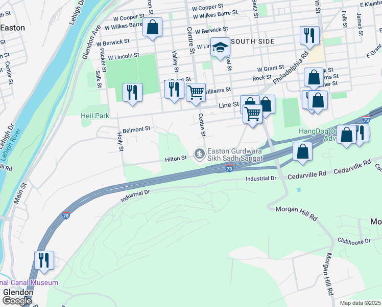 map of restaurants, bars, coffee shops, grocery stores, and more near 10 Hilton Street in Easton