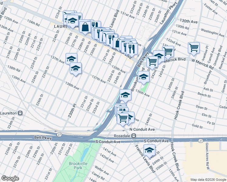 map of restaurants, bars, coffee shops, grocery stores, and more near 137-15 234th Street in Queens