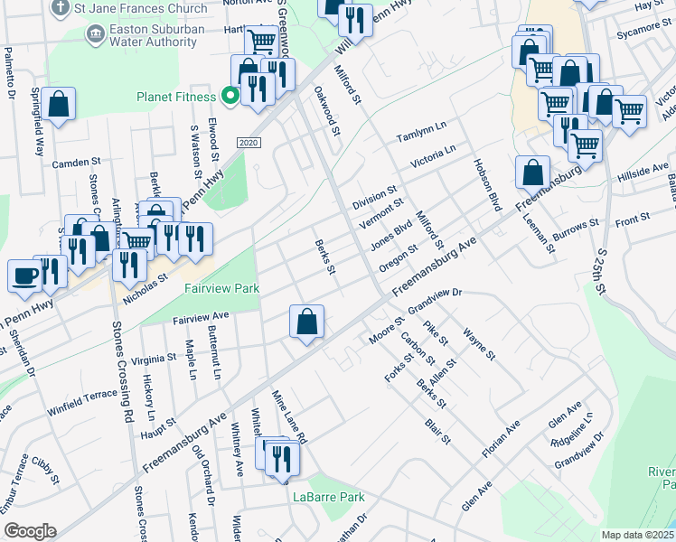 map of restaurants, bars, coffee shops, grocery stores, and more near 3240 Jones Boulevard in Easton