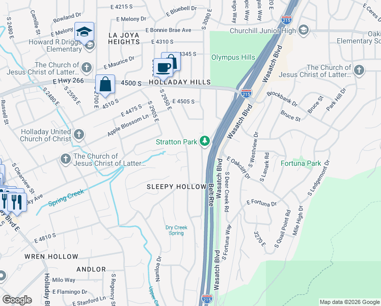 map of restaurants, bars, coffee shops, grocery stores, and more near 4595 Wallace Lane in Holladay