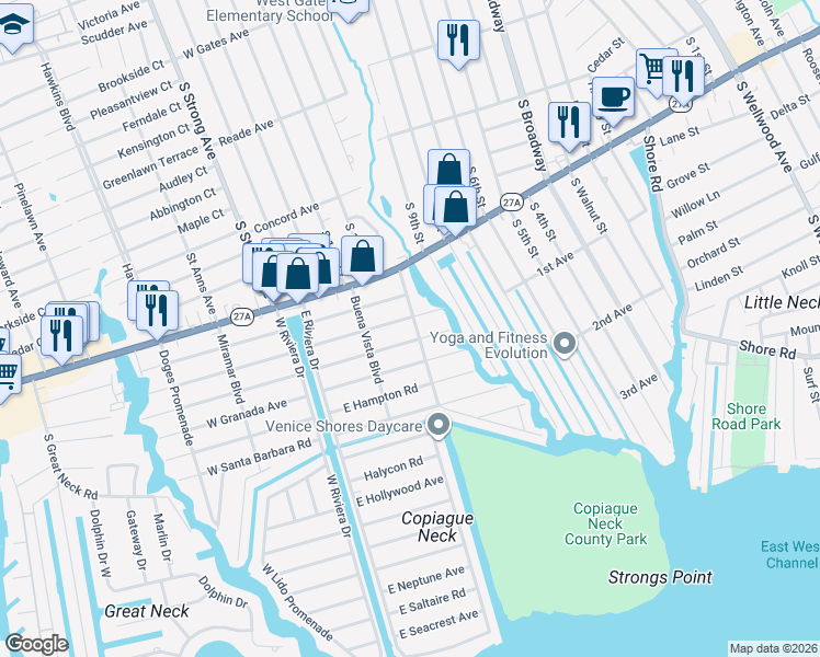 map of restaurants, bars, coffee shops, grocery stores, and more near 36 Venetian Promenade in Lindenhurst