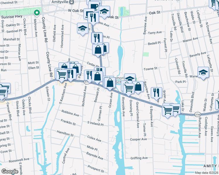 map of restaurants, bars, coffee shops, grocery stores, and more near 182 Merrick Road in Amityville