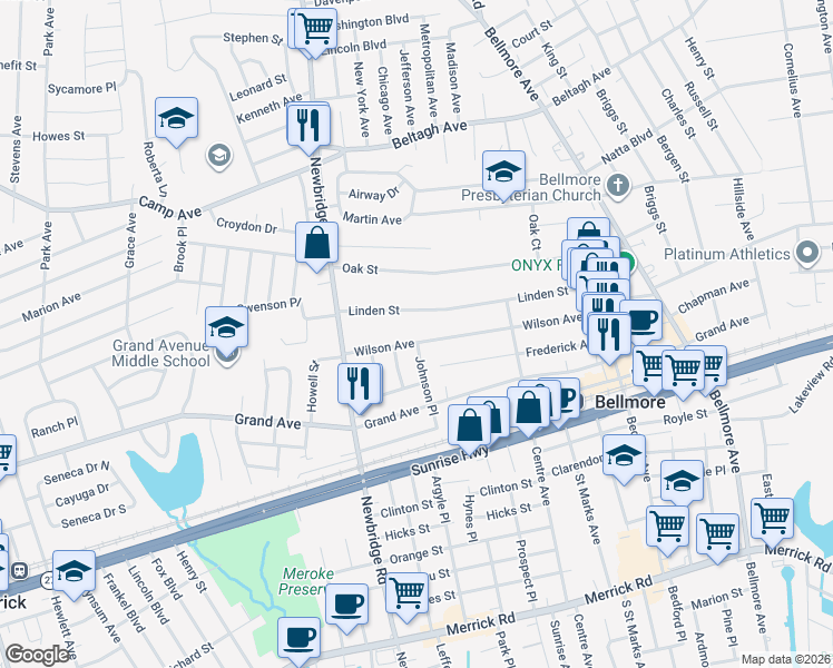 map of restaurants, bars, coffee shops, grocery stores, and more near 411 Linden Street in Bellmore