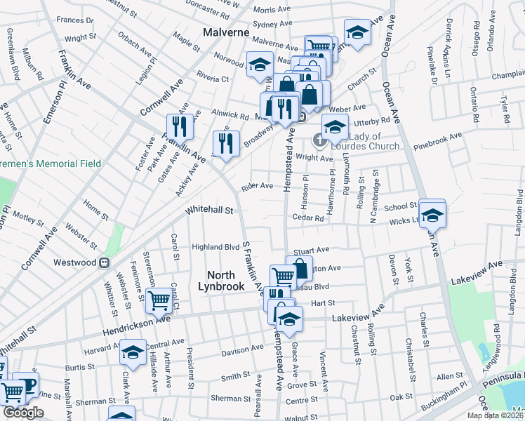 map of restaurants, bars, coffee shops, grocery stores, and more near 3 Concord Court in Malverne
