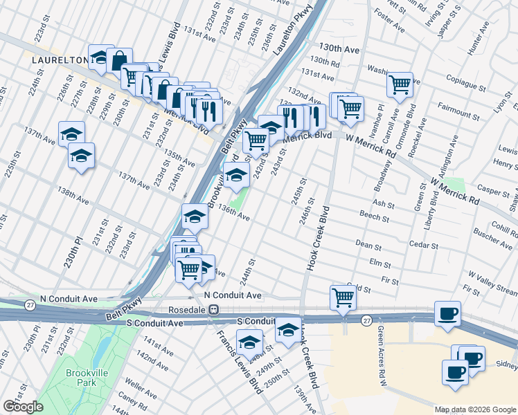 map of restaurants, bars, coffee shops, grocery stores, and more near 135-12 243rd Street in Queens