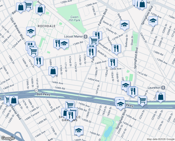 map of restaurants, bars, coffee shops, grocery stores, and more near 174-24 140th Avenue in Queens