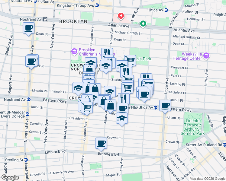 map of restaurants, bars, coffee shops, grocery stores, and more near 1207 Saint Johns Place in Brooklyn