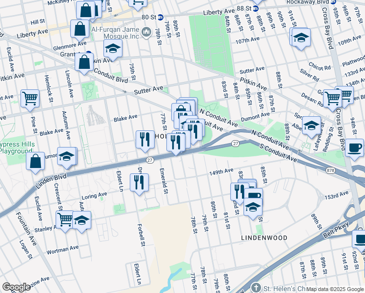 map of restaurants, bars, coffee shops, grocery stores, and more near 135-23 78th Street in Queens