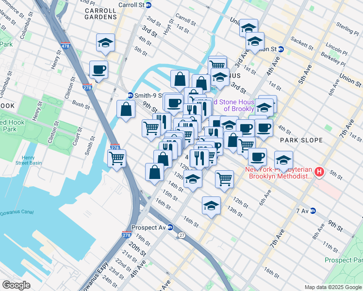 map of restaurants, bars, coffee shops, grocery stores, and more near 198 10th Street in Brooklyn