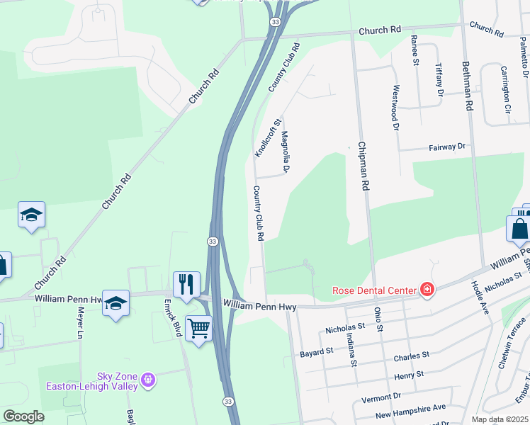 map of restaurants, bars, coffee shops, grocery stores, and more near 3480 Country Club Road in Easton