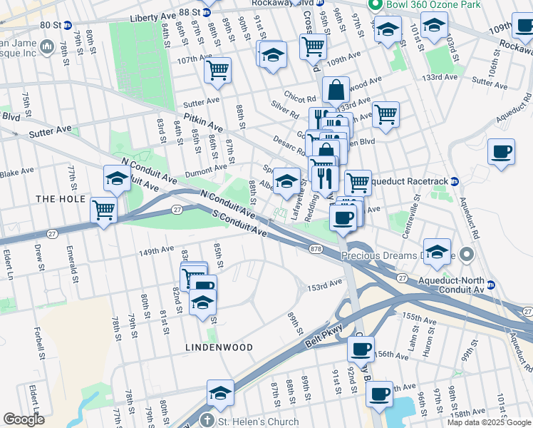 map of restaurants, bars, coffee shops, grocery stores, and more near 89-12 Arion Road in Queens