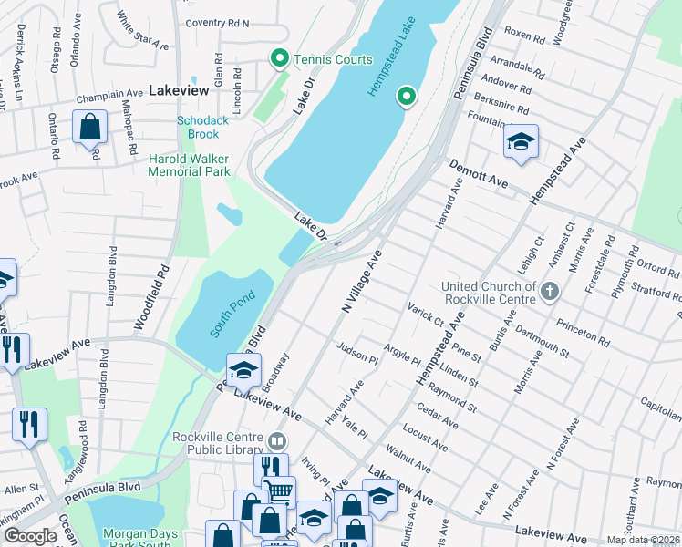 map of restaurants, bars, coffee shops, grocery stores, and more near 153 Broadway in Rockville Centre