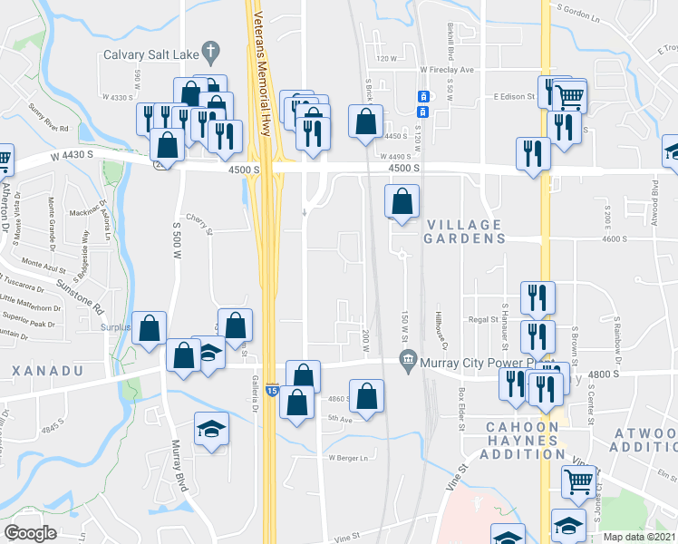 map of restaurants, bars, coffee shops, grocery stores, and more near 4644 South Urban Way in Murray