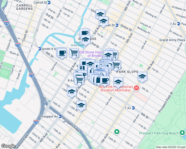 map of restaurants, bars, coffee shops, grocery stores, and more near 231 8th Street in Brooklyn